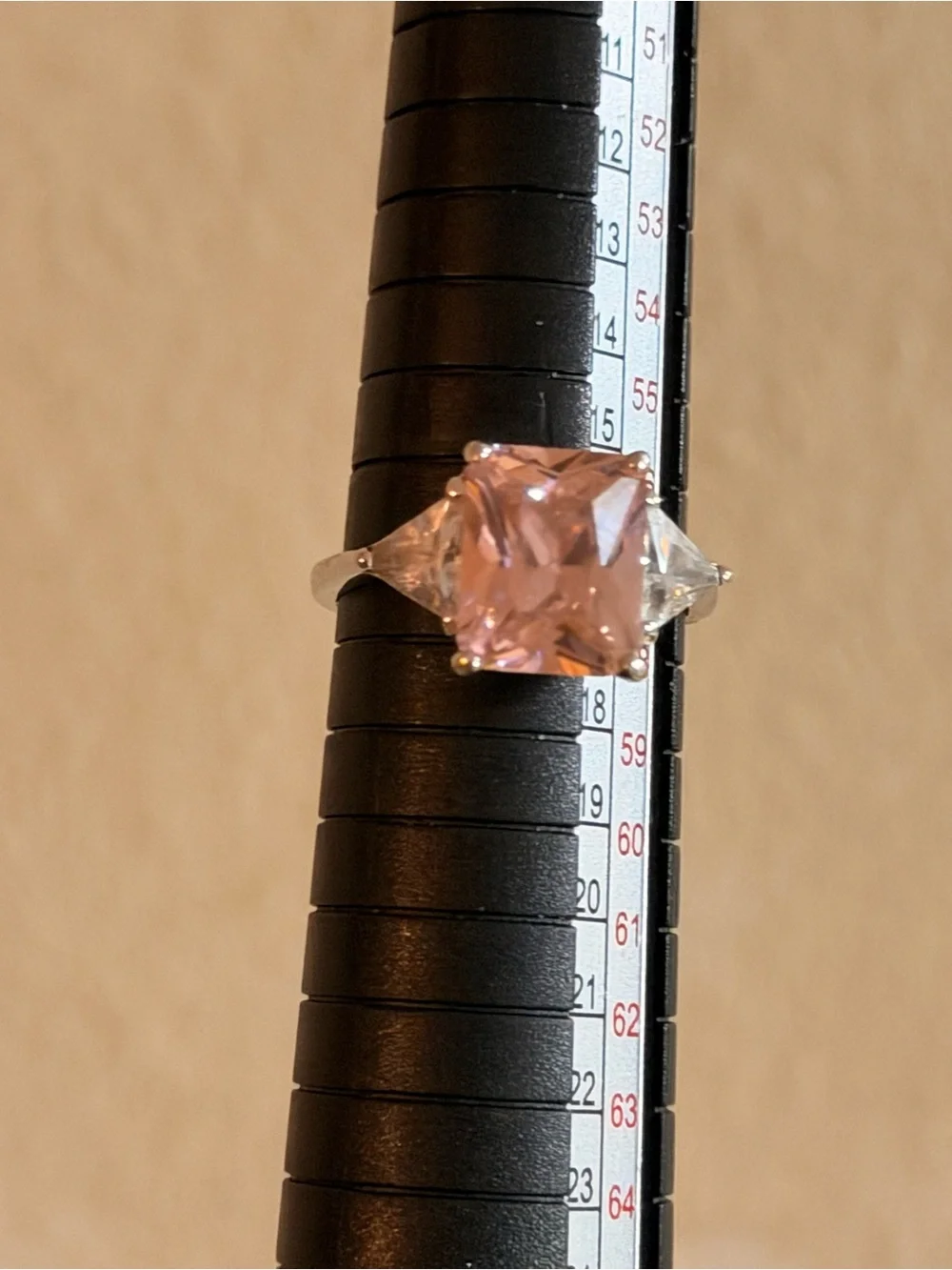 Pink Cushion-Cut Stone Ring with Side Trapezoid Accents Women’s Size 8.25